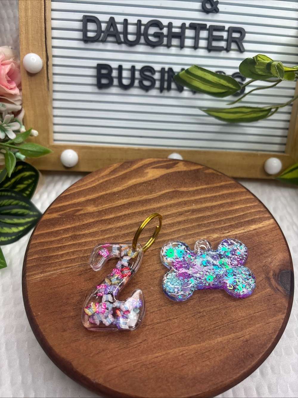 Resin Number 2 Keychain & Glitter Bone Charm Set - Pink, Purple, Teal